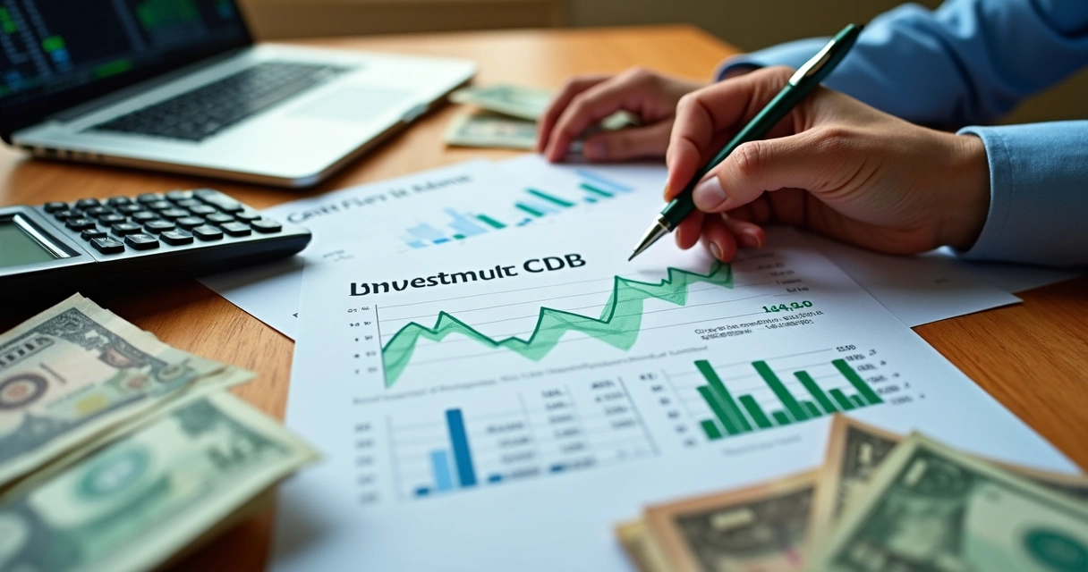 Mesa com calculadora, notas e gráficos de investimentos em CDB, com pessoa analisando dados 