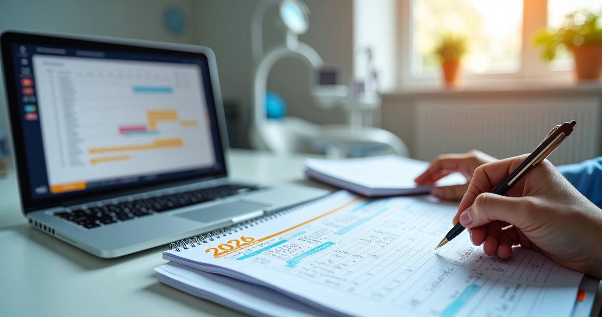 Mesa de escritório com calendário aberto em 2026, planilha financeira digital no laptop e pessoa anotando dados financeiros 