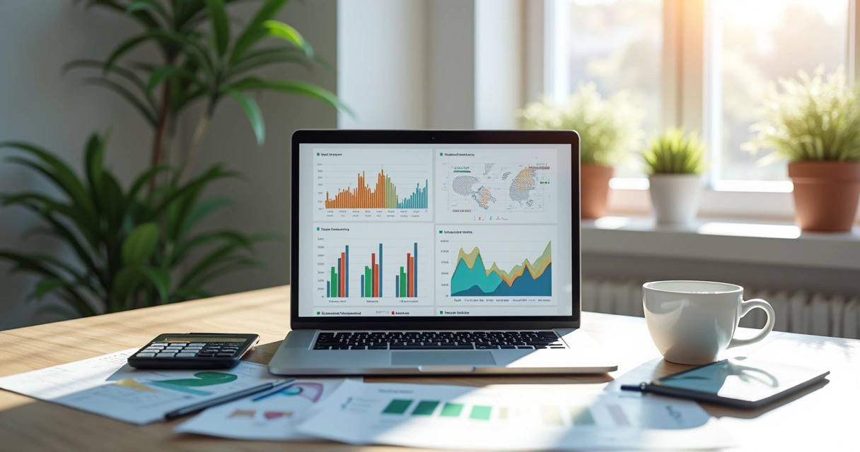 Mesa com laptop aberto em planilha financeira, gráficos e notas ao redor em escritório moderno 
