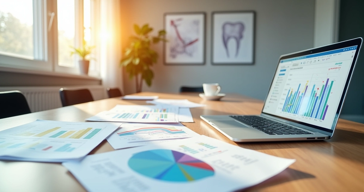 Mesa com papéis, planilhas e um laptop abertos mostrando gráficos financeiros