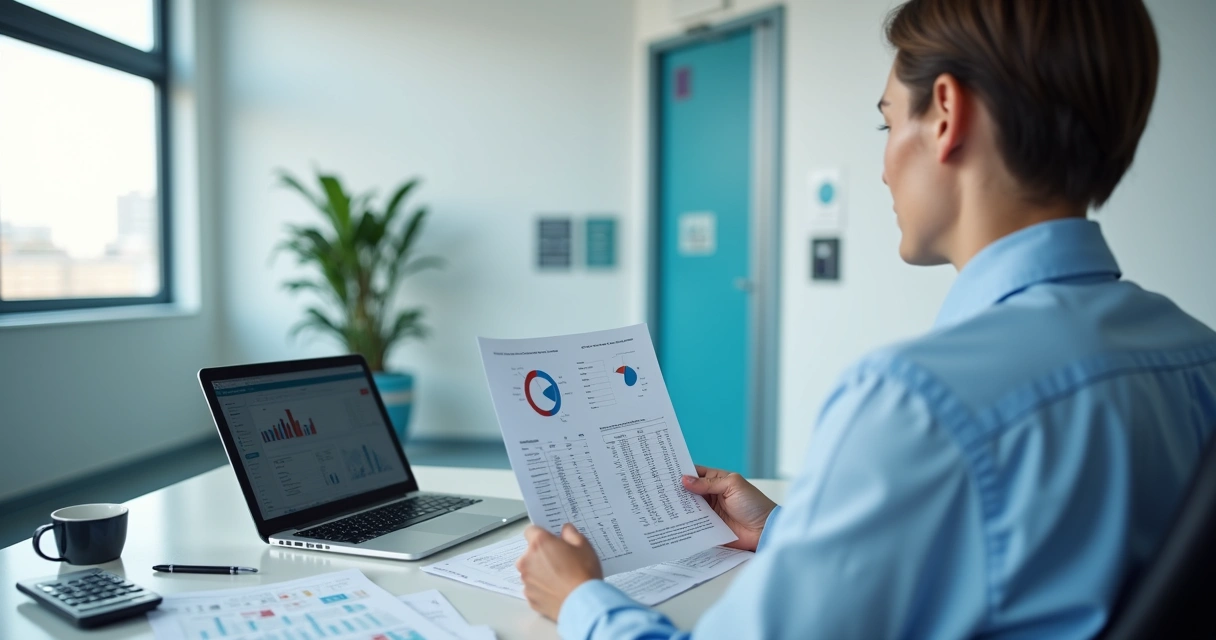 Gestor analisando custos de equipamentos em clínica médica 