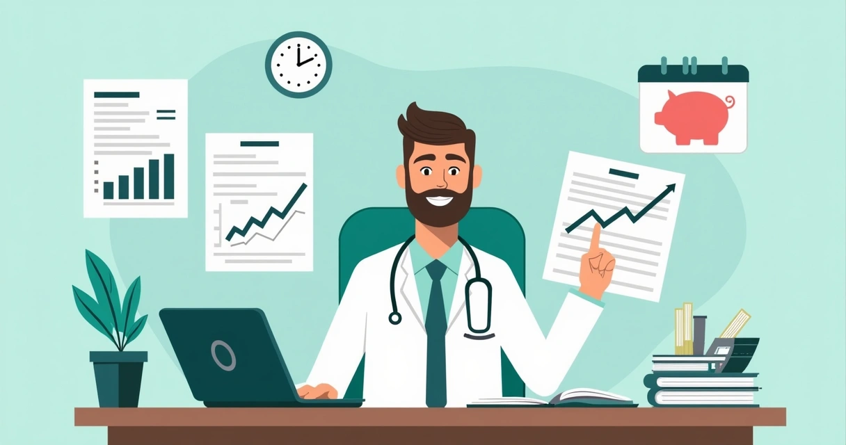 Médico sentado à mesa com papéis e calculadora, analisando finanças do consultório 