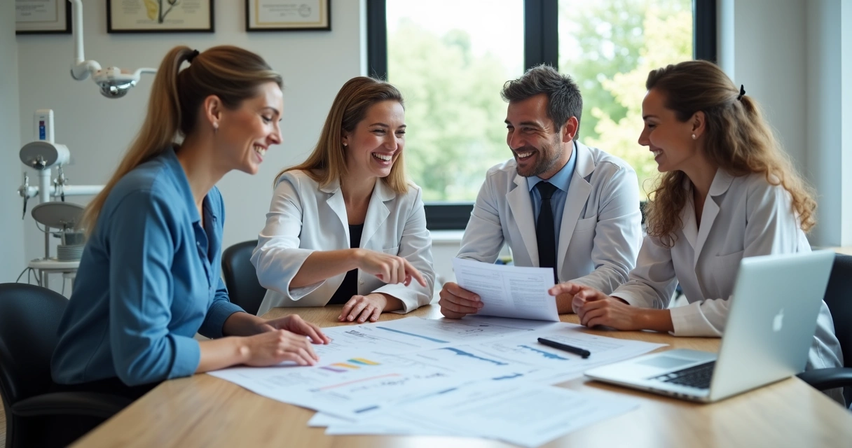 Mesa de reunião em clínica odontológica com papéis de financiamento, notebook e profissionais discutindo proteção patrimonial