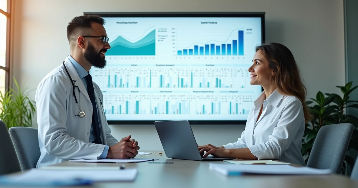 Dentista analisando gráficos financeiros na clínica