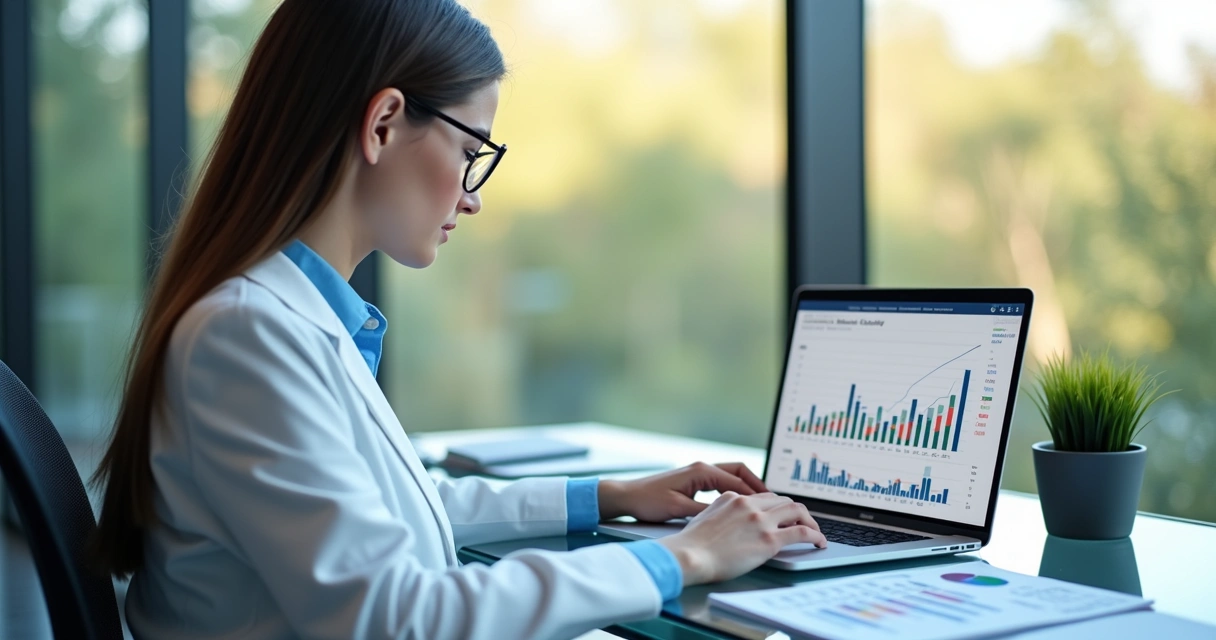 Gestor odontológico analisando gráficos financeiros da clínica em laptop, destacando quedas em feriados. 