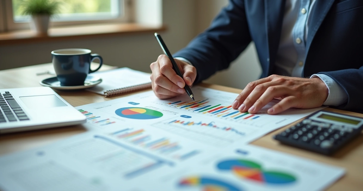 Pessoa analisando gráficos financeiros em papel e notebook