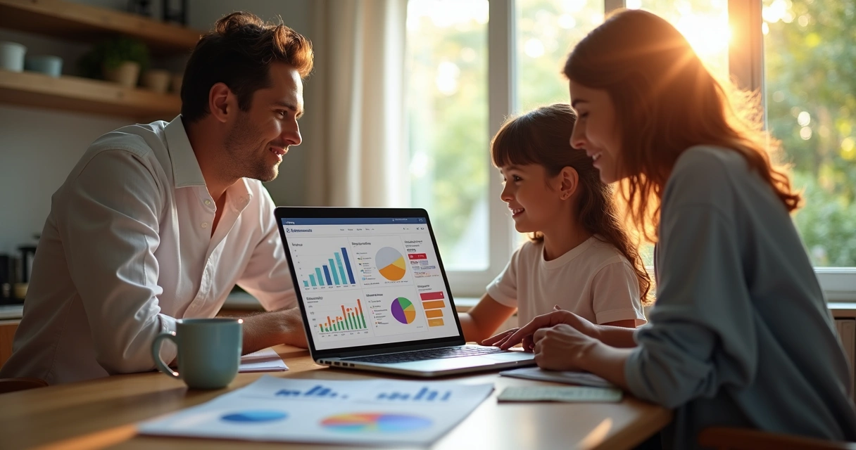 Família olhando juntos para computador com painel de finanças 