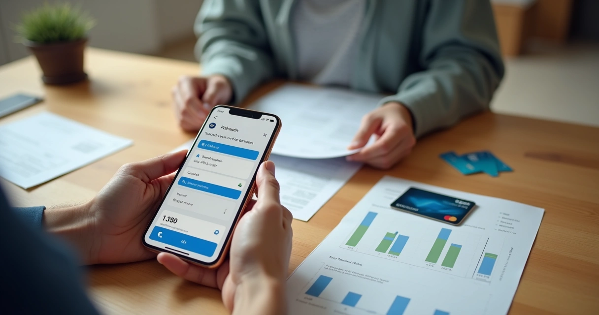 Pessoa organizando contas e cartões na mesa com celular e app de pagamentos aberto