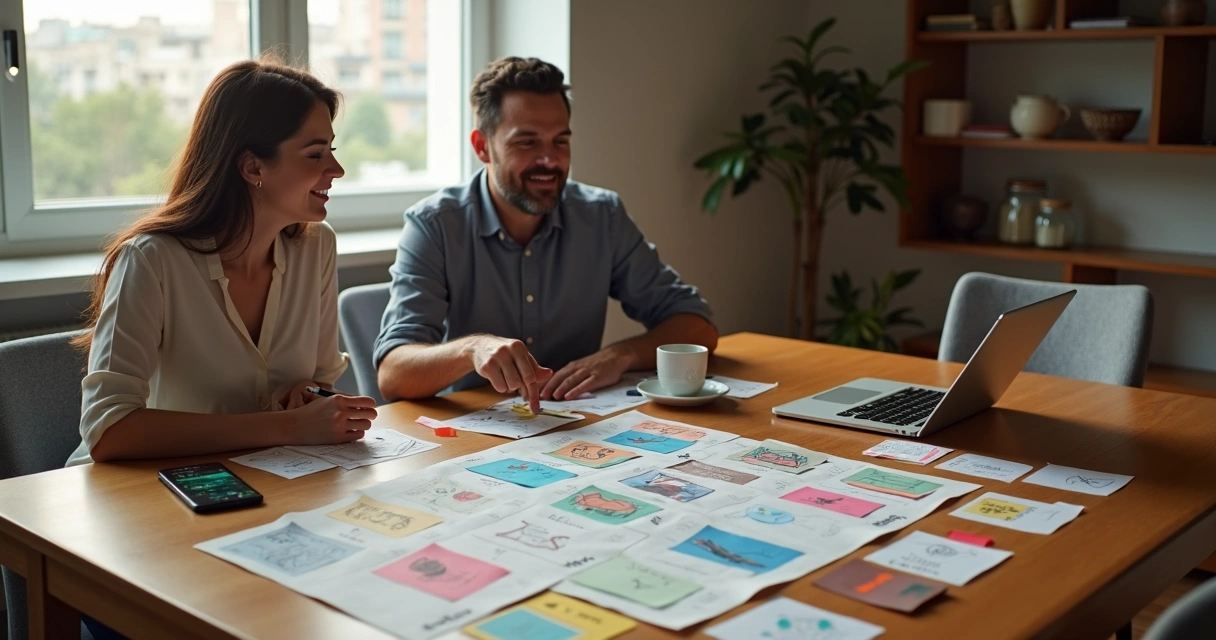 Casal organizando finanças em mesa com cartolinas coloridas e anotações à mão 