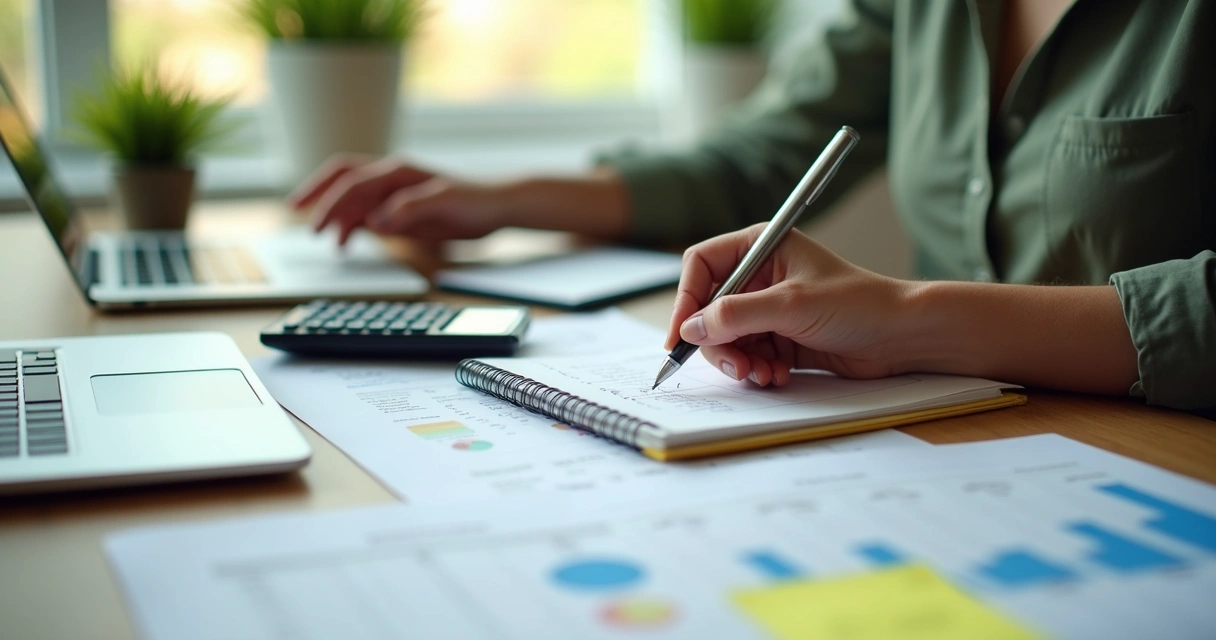 Pessoa organizando orçamento com calculadora e anotações 