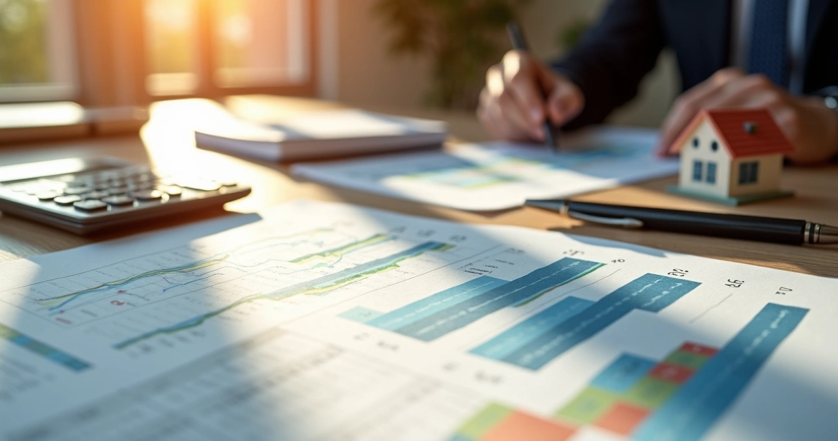 Mesa com documentos e planilhas de planejamento financeiro para consórcio imobiliário com caneta e calculadora ao lado 