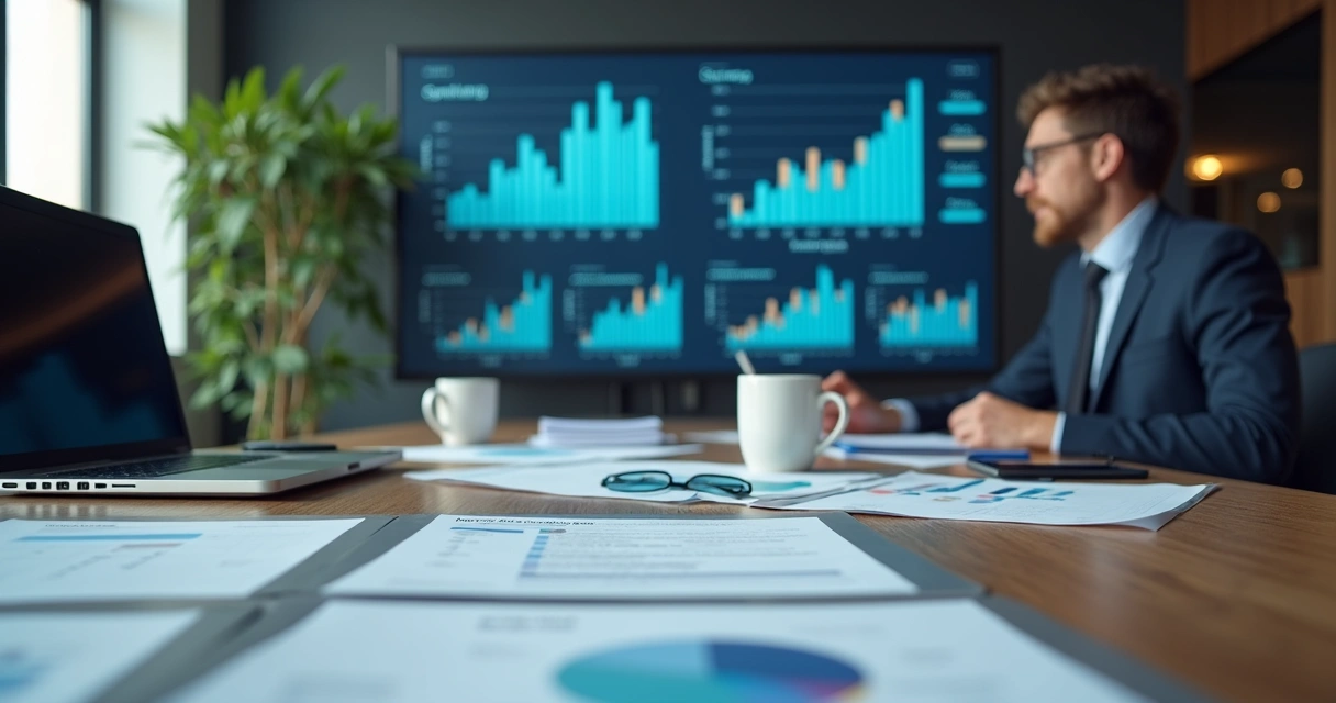 Mesa de trabalho com papéis, gráficos financeiros e computadores 