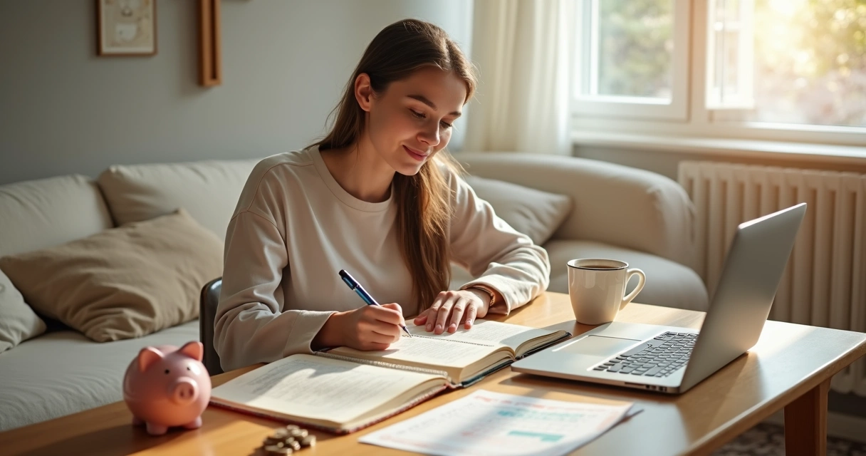 Mulher cristã planejando finanças com bíblia, caderno e cofrinho sobre a mesa 