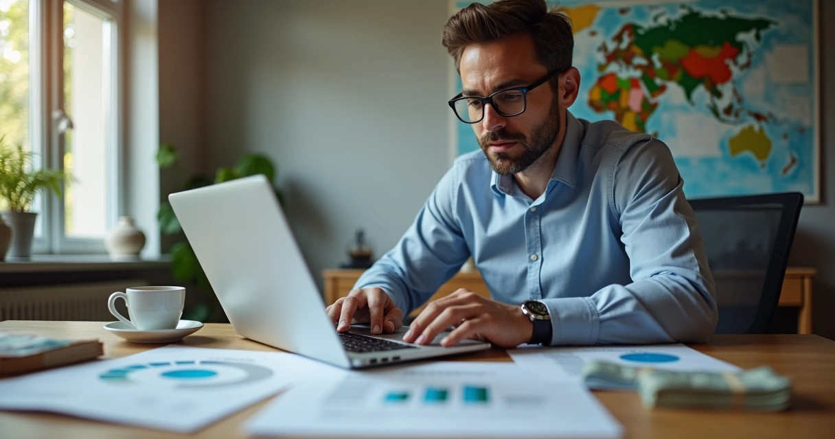 Desenvolvedor analisando planejamento financeiro para trabalho no exterior 