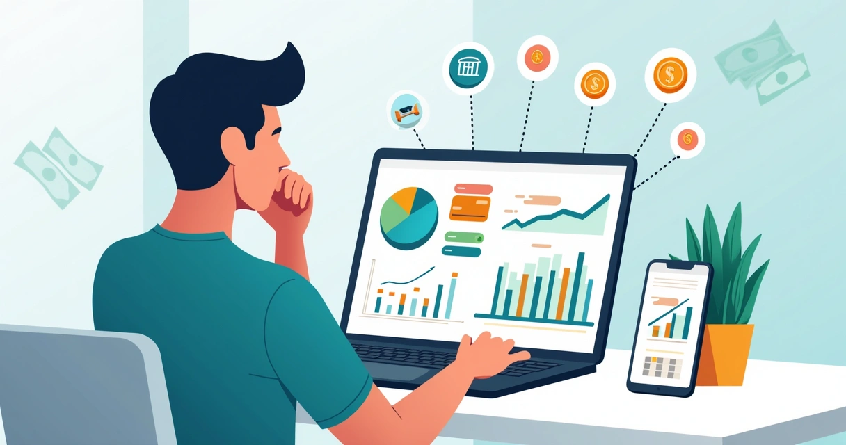 Pessoa analisando planejamento financeiro em notebook com gráficos coloridos na tela
