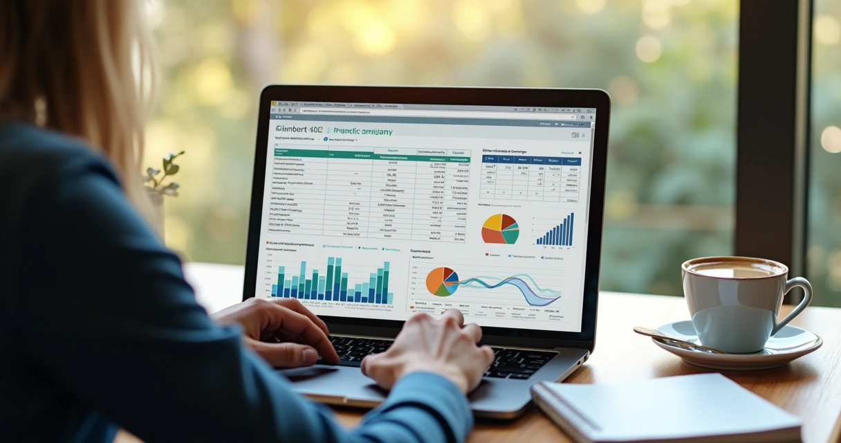 Pessoa analisando planilha de gastos em tela de notebook e gráficos coloridos de gastos no fundo
