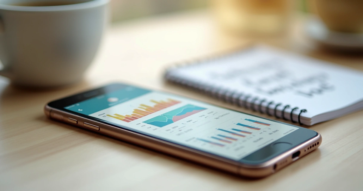 Celular exibindo aplicativo financeiro em mesa com café
