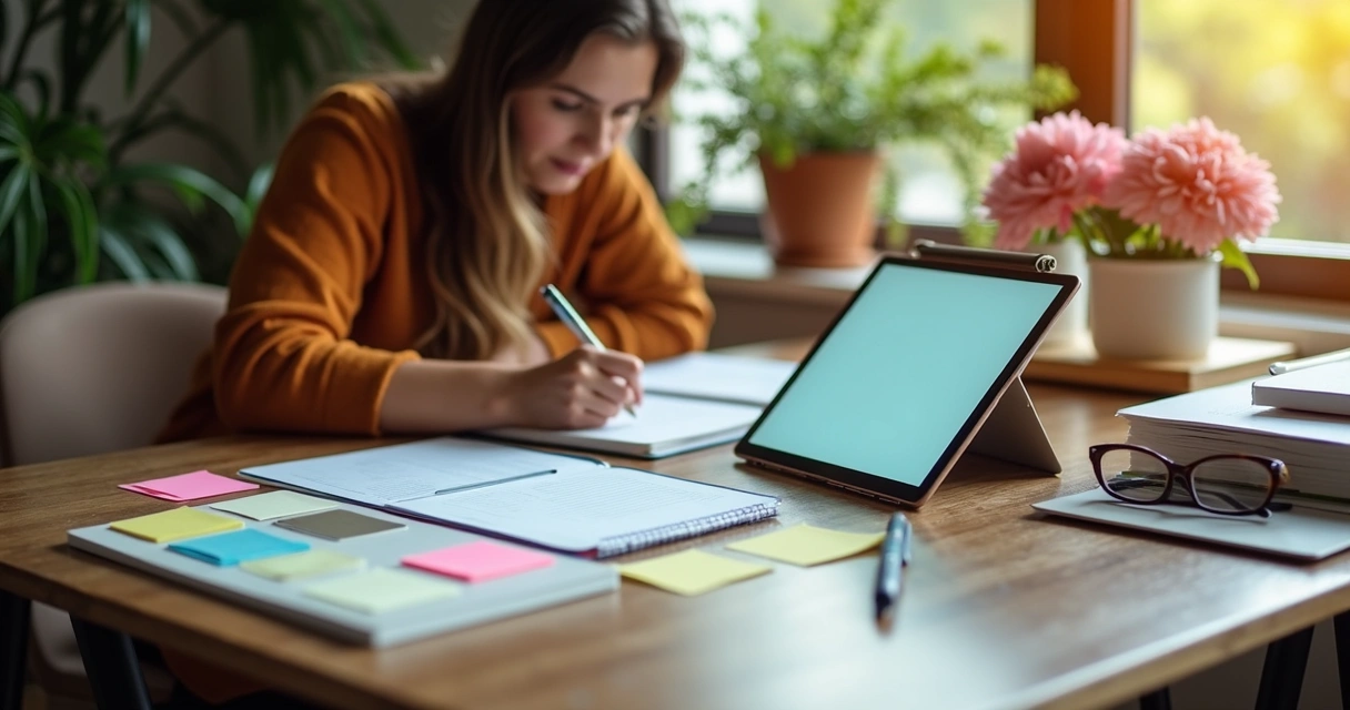 Planejamento financeiro digital com tablet e caderno 