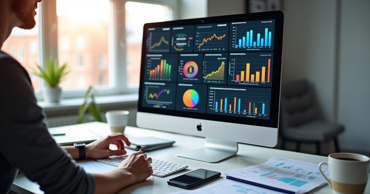 Pessoa analisando gráficos financeiros coloridos em tela de computador com anotações e planilhas ao redor 