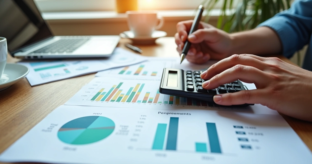 Mãos segurando uma calculadora e uma caneta sobre documentos financeiros com gráficos de investimentos e previdência complementar 
