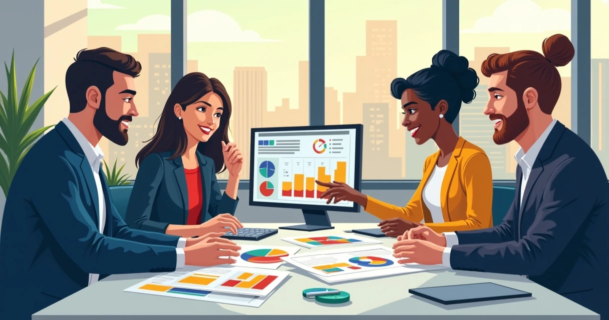 Equipe discutindo um planejamento financeiro para campanha eleitoral, com gráficos e computador na mesa 