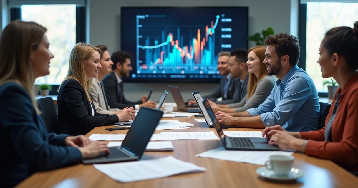 Equipe reunida analisando gráficos financeiros em sala de reunião 