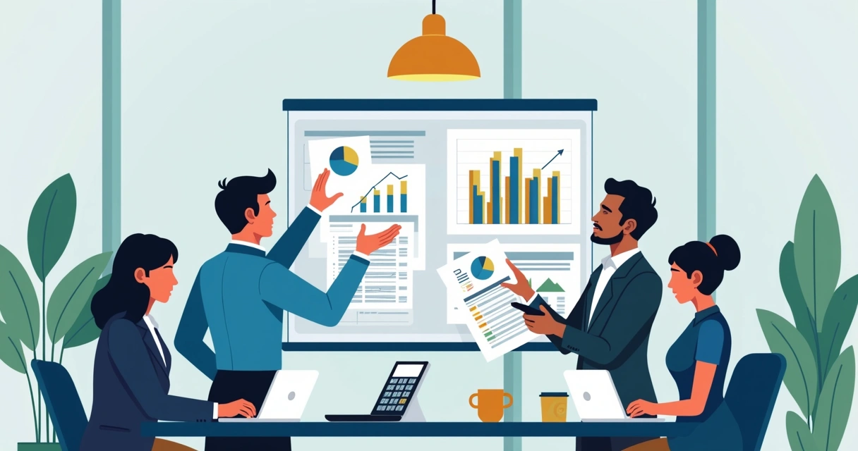 Ilustração corporativa plana mostrando equipe de negócios analisando gráficos e planilhas financeiras em escritório moderno 