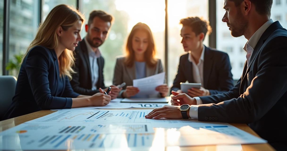 Reunião de planejamento financeiro com gráficos e tablet