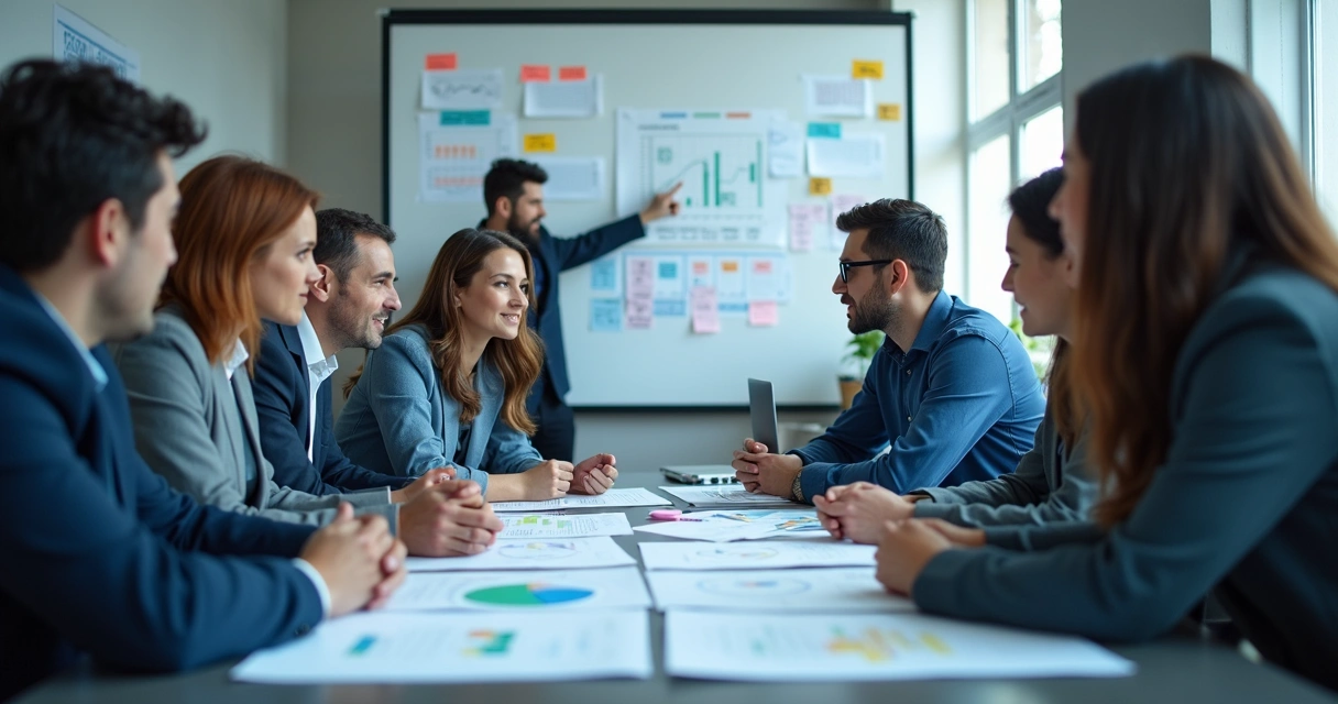 Equipe discutindo planejamento financeiro com gráficos 