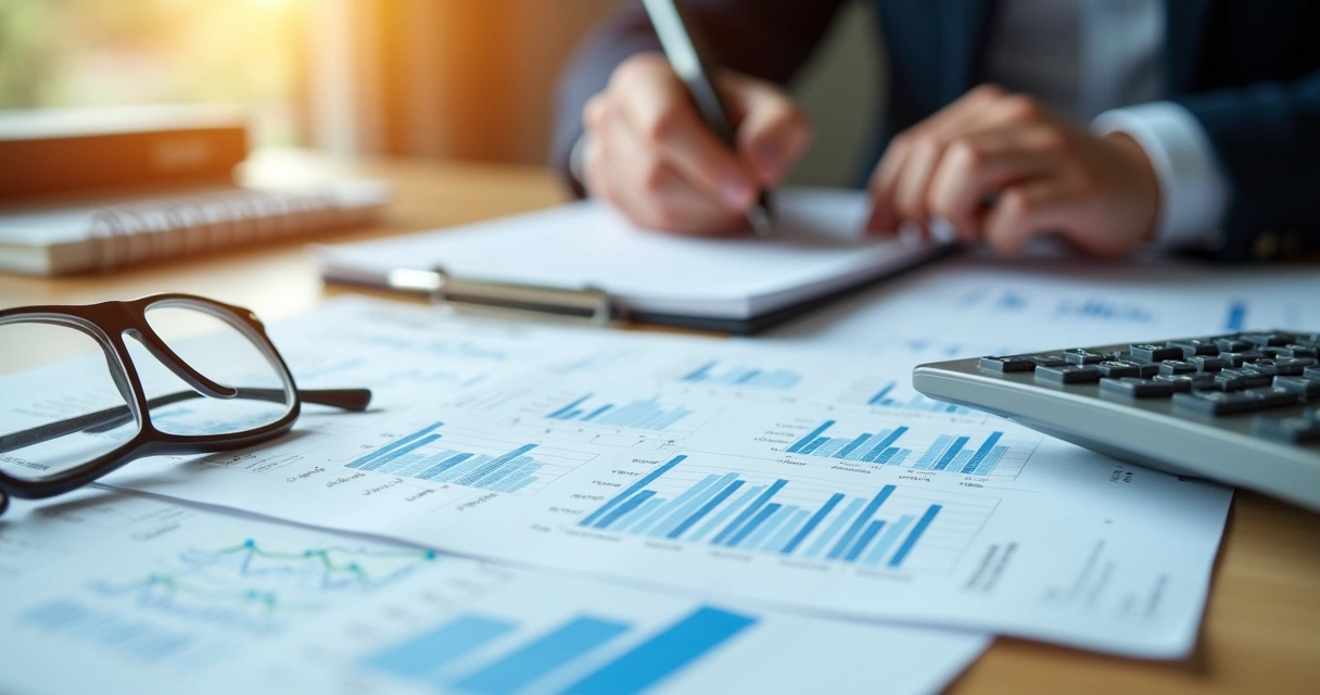 Mesa com planilhas e calculadora para planejamento financeiro empresarial