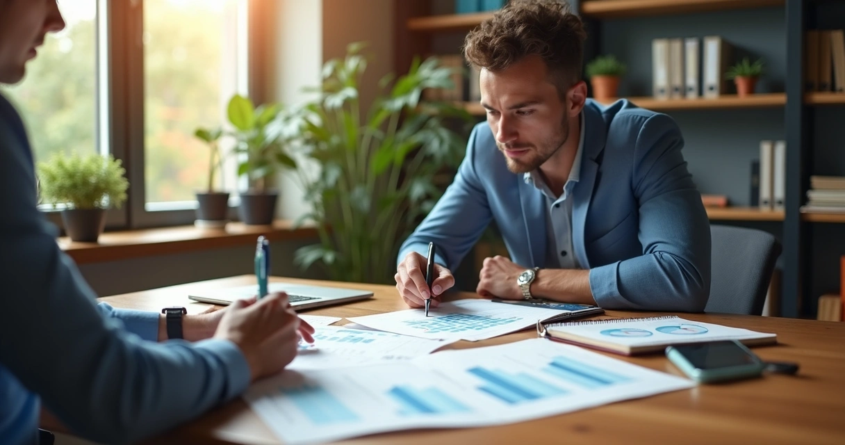 Gestor analisa gráficos financeiros em mesa de reunião 