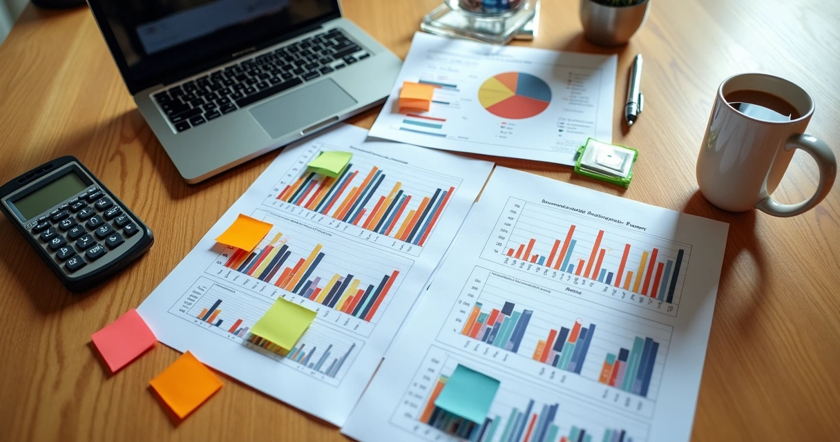 Mesa com papéis de planejamento financeiro empresarial e laptop 