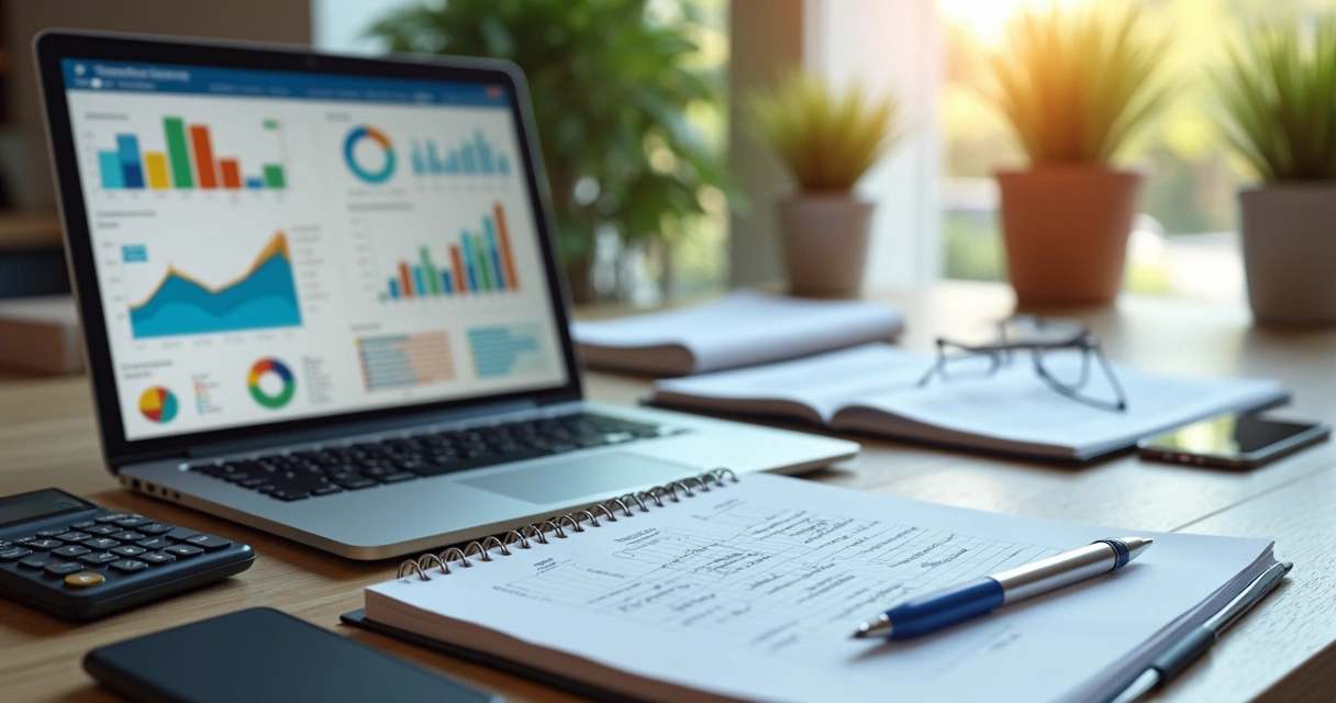 Mesa de escritório com caderno de planejamento financeiro aberto, laptop exibindo gráficos financeiros e calculadora ao lado 