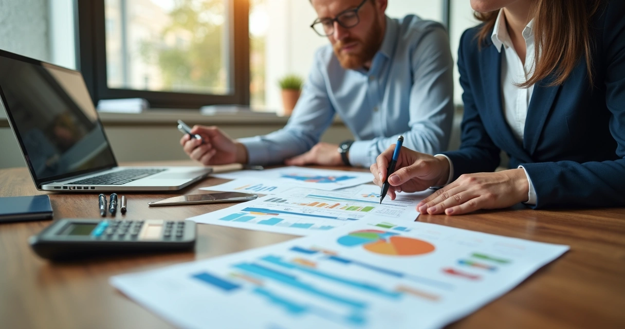 Empresário e consultor olhando gráficos em mesa de escritório 