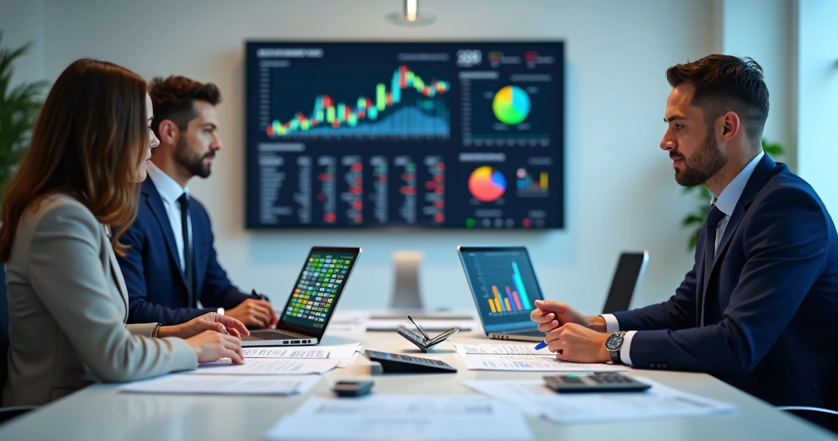 Reunião de gestores analisando planejamento financeiro 