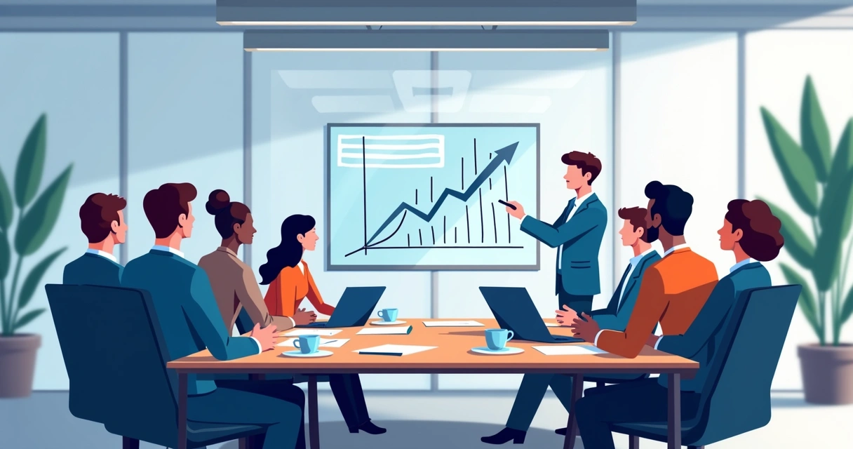 Equipe discute estratégia de planejamento financeiro em sala de reunião moderna 