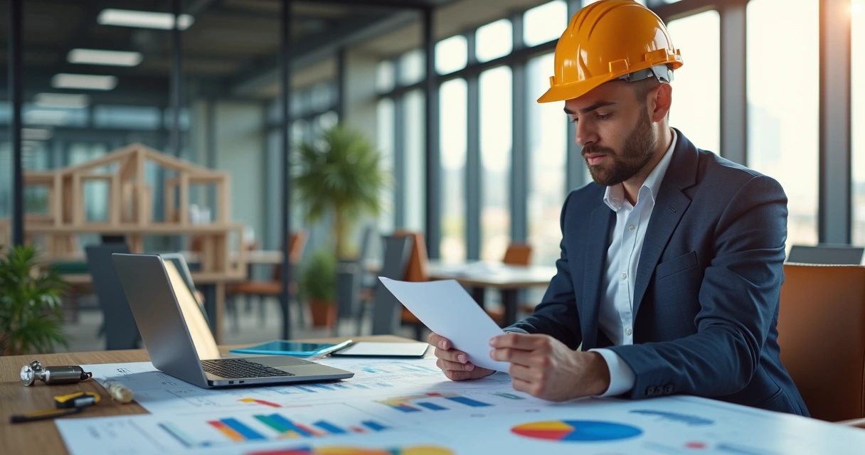 Engenheiro usando notebook analisando gráficos financeiros 