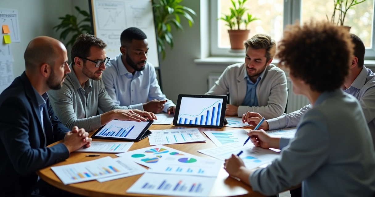 Equipe reunida analisando gráficos financeiros em papel e tela 