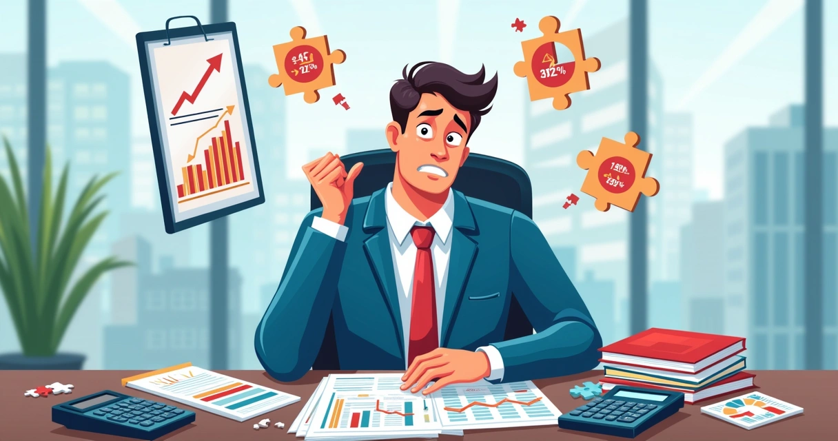 Ilustração de empresário frustrado diante de uma mesa com gráficos e cálculos financeiros