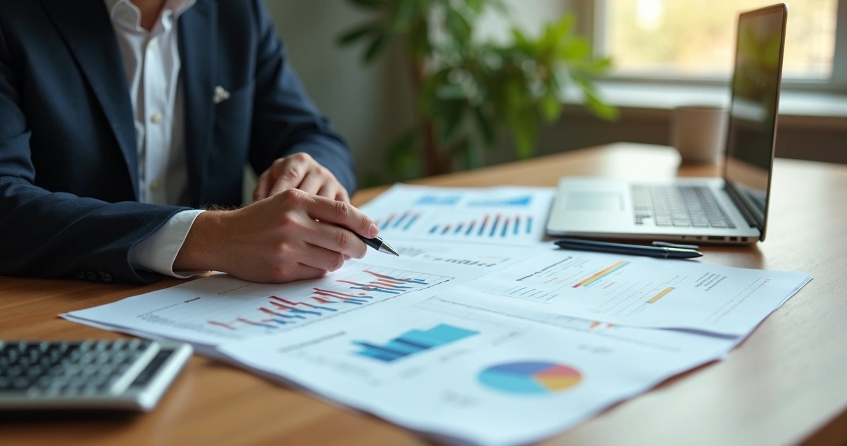 Pessoa colocando gráficos de receita e lucro sobre a mesa em escritório 