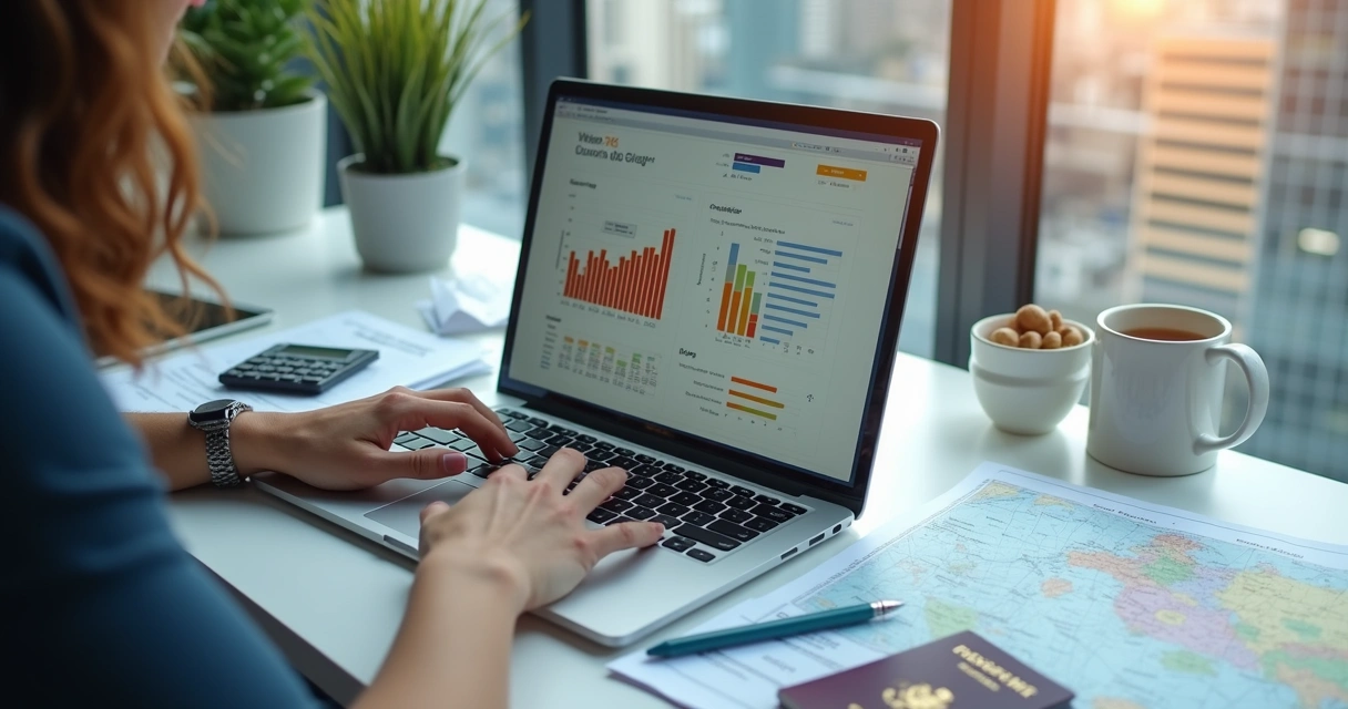 Pessoa analisando planilha financeira e documentos de viagem