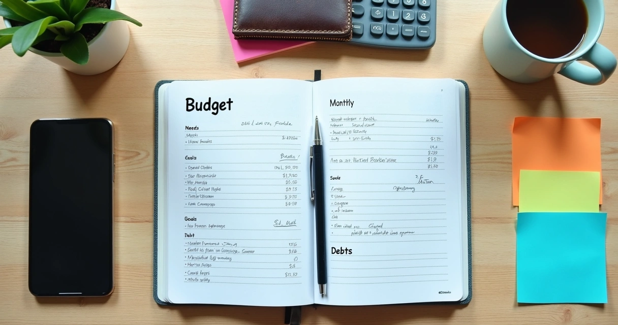 Caderno com orçamento mensal, calculadora e carteira sobre mesa clara 