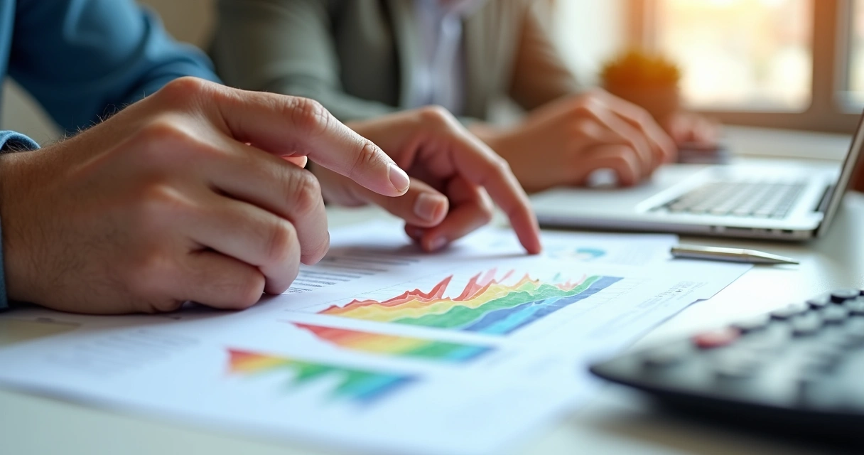 Mãos analisando gráficos de expansão financeira em escritório 