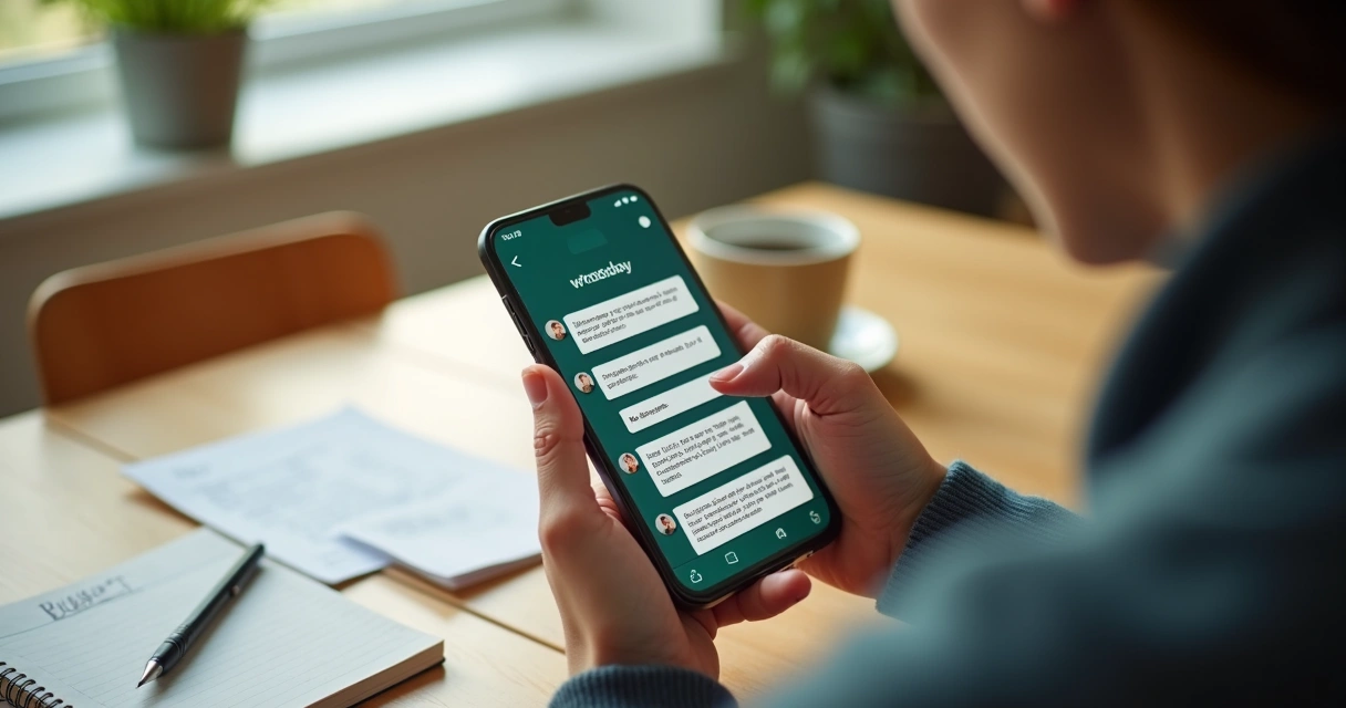 Pessoa usando WhatsApp no celular para registrar despesas mensais 