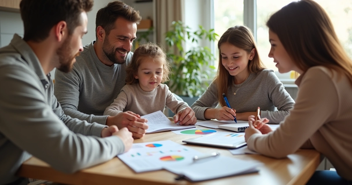 Família planejando orçamento financeiro juntos com cadernos e laptop