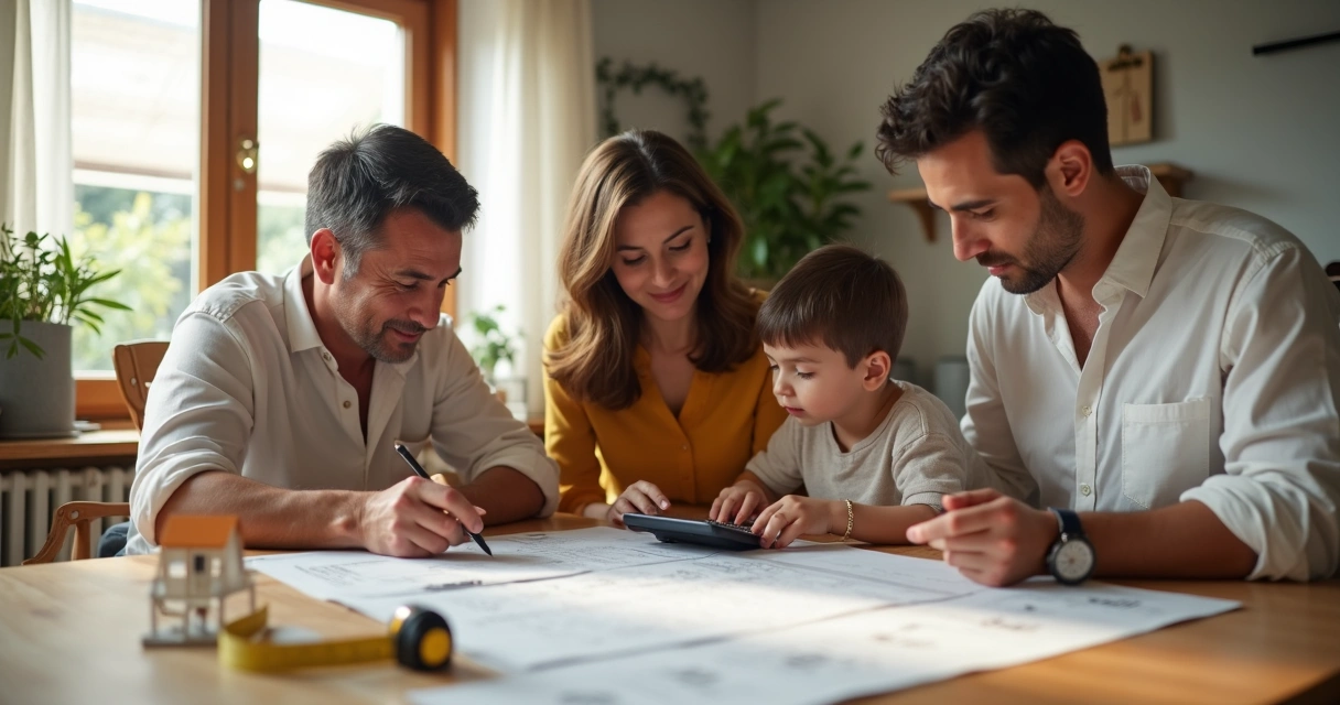 Família analisando planilhas, calculadora e contrato, planejamento para construção 