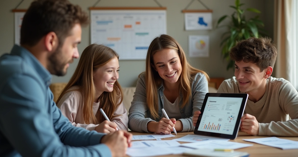 Família sentada com consultor financeiro planejando orçamento 