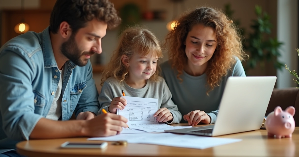 Família reunida em casa avaliando planilha de controle financeiro