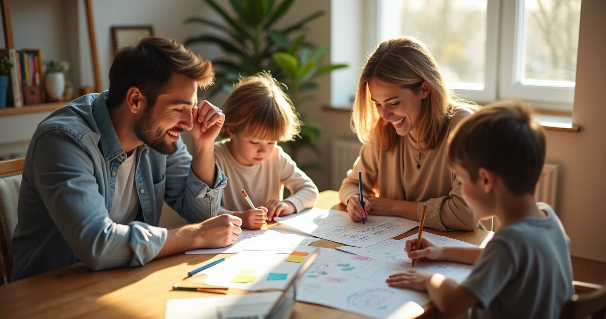 Planejamento financeiro familiar em ambiente doméstico com papéis, laptops e família feliz 