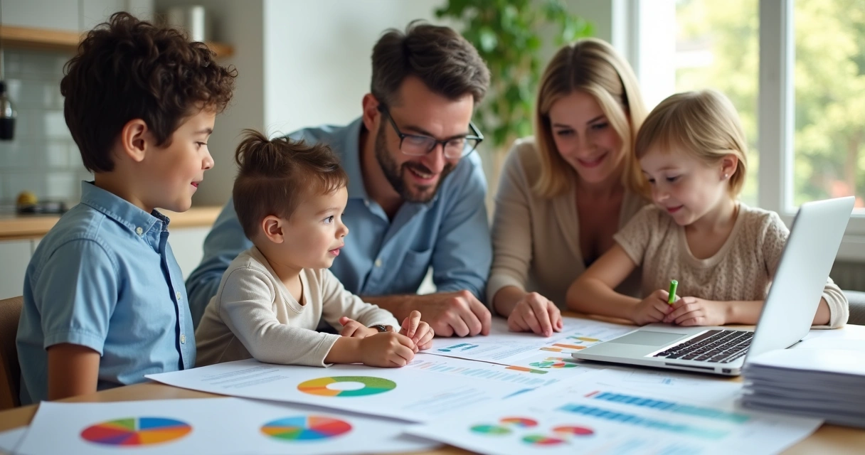 Família analisando investimentos em mesa com planilhas e notebook